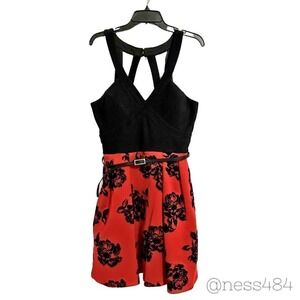 Crystal Doll NWT Black Cross Strap V Neck Fit Flare Dress Red Floral Size 14/15‎